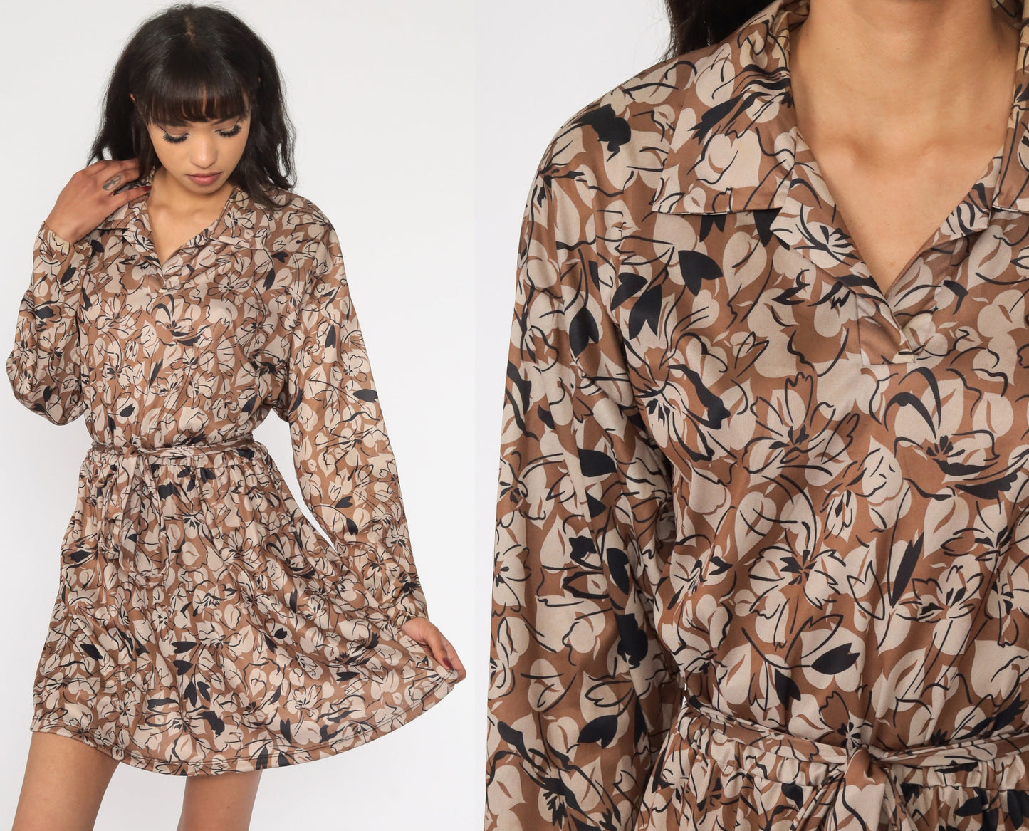 70s Floral Mini Dress Brown High Waist Long Sleeve Collared Large L