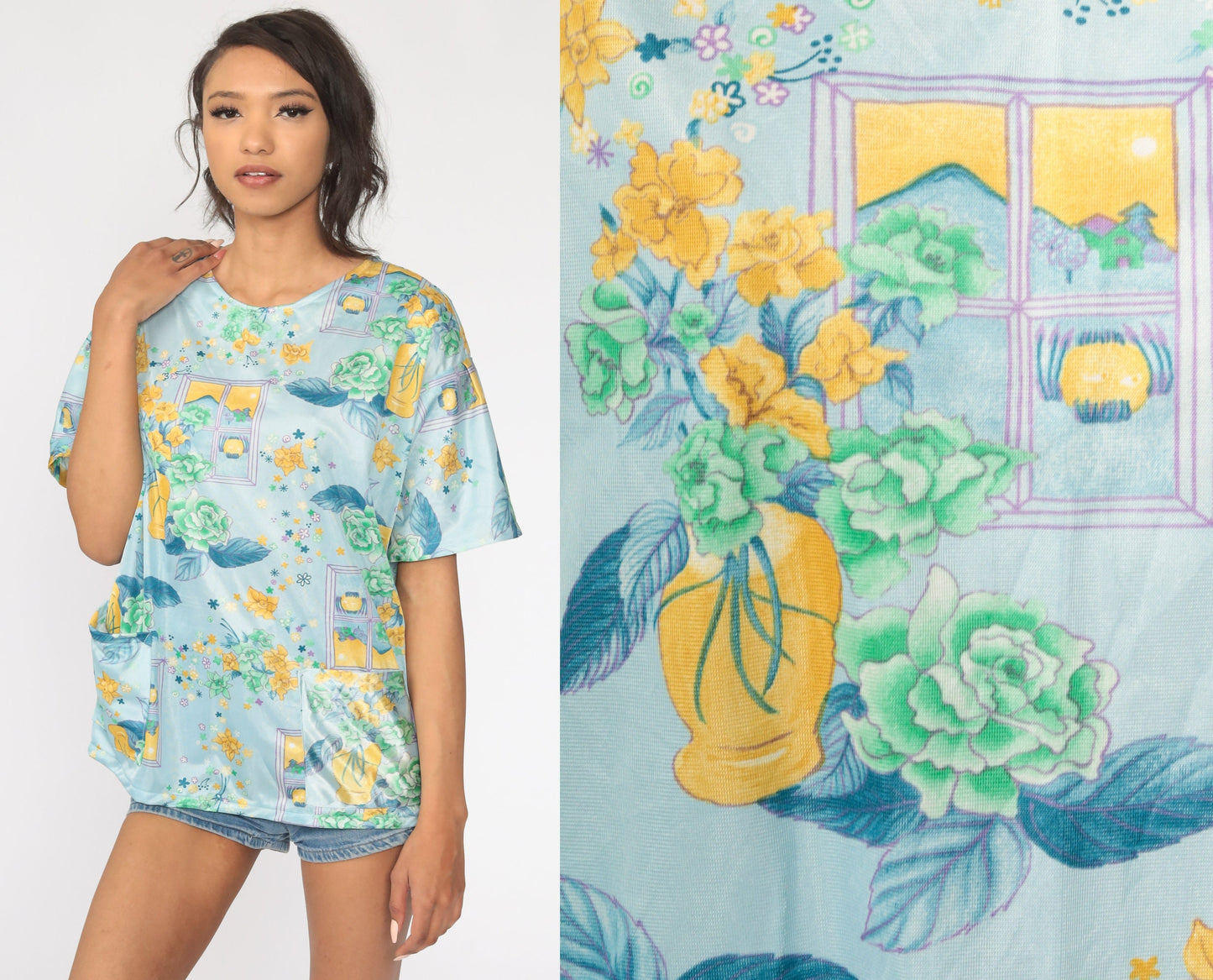 70s Floral Window Print Blouse Blue Short Sleeve Tunic Large