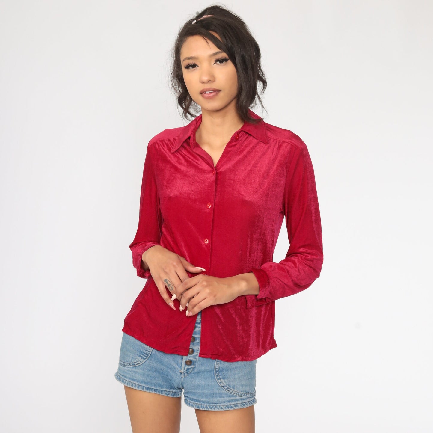 70s Velour Button-Up Shirt Raspberry Long Sleeve Small Medium
