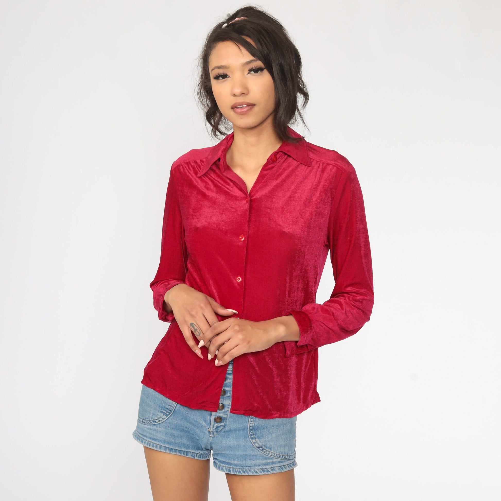 70s Velour Button-Up Shirt Raspberry Long Sleeve Small Medium