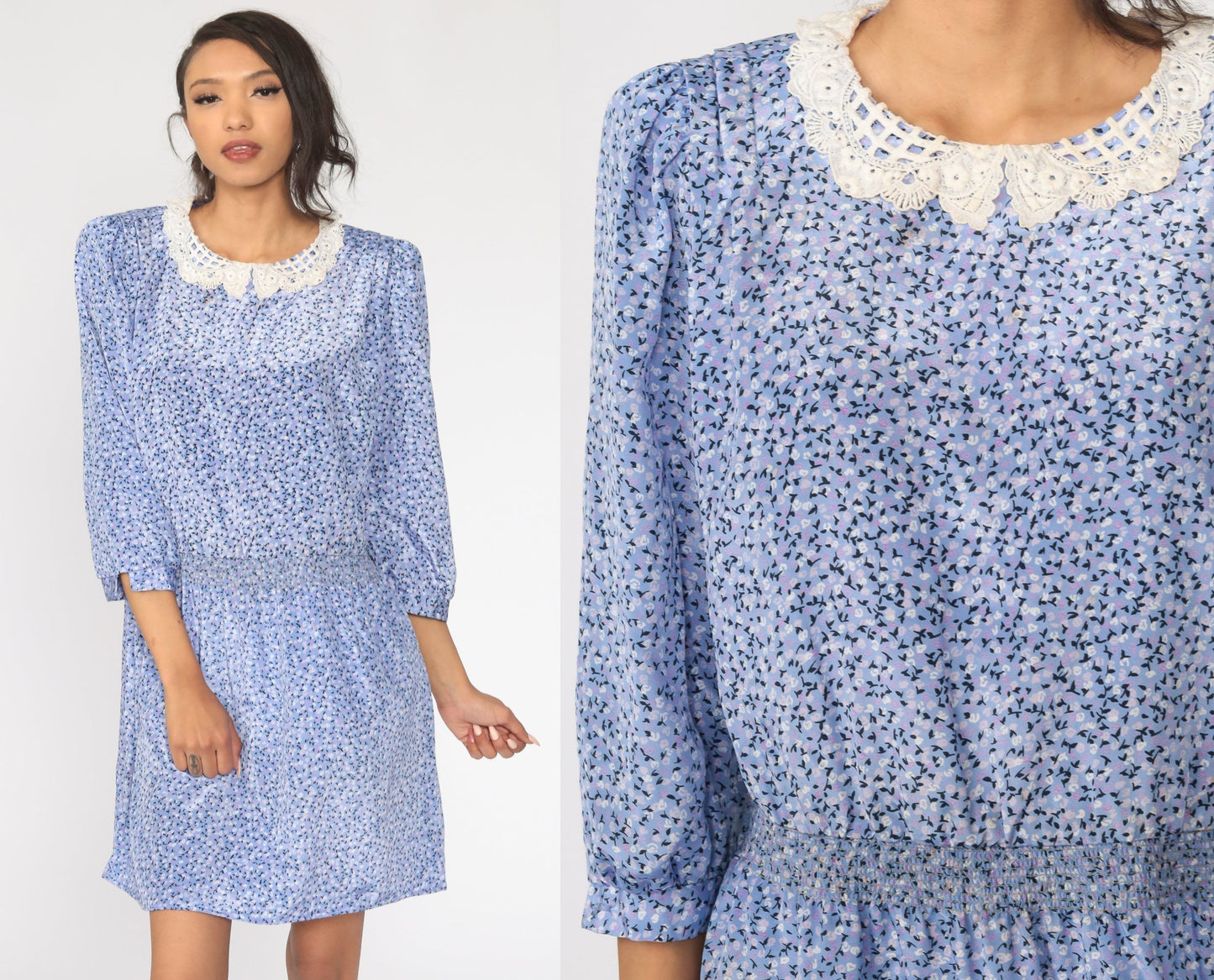 80s Blue Floral Puff Sleeve Dress Lace Trim Mini Large