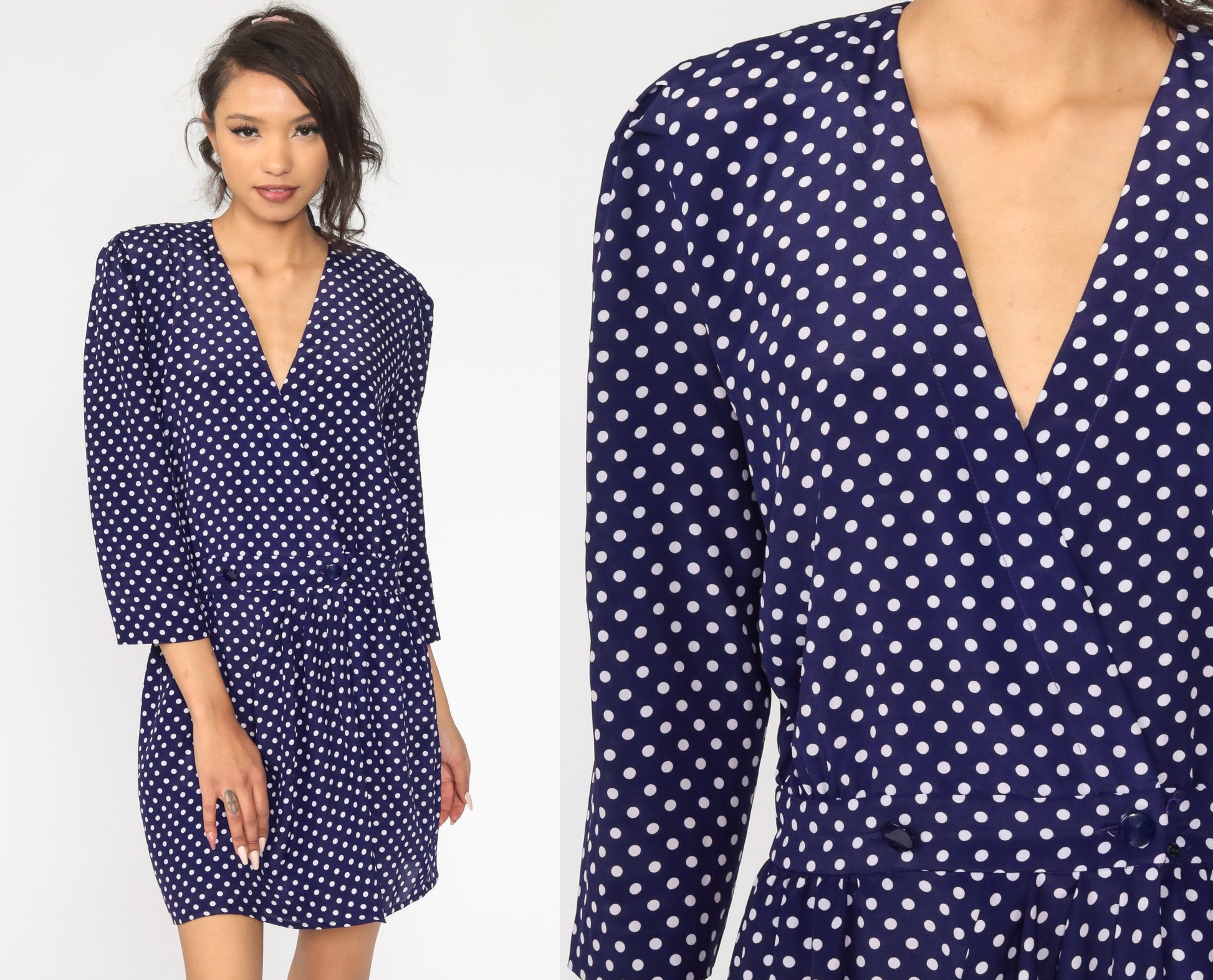 80s Navy Polka Dot Button-Up Mini Dress V-Neck Long Sleeve Small