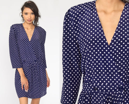 80s Navy Polka Dot Button-Up Mini Dress V-Neck Long Sleeve Small