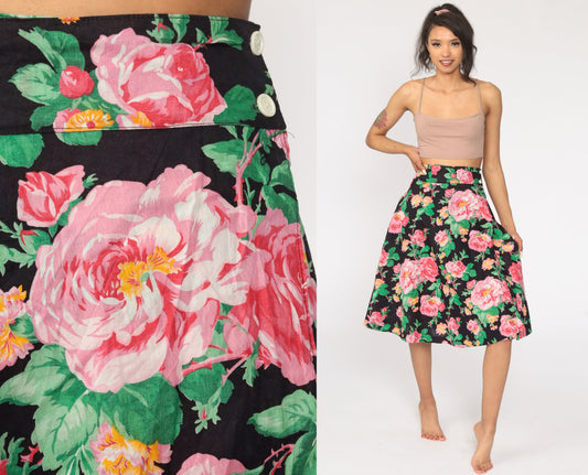 80s Floral Midi Skirt High Waisted Full Black Pink Cotton Extra Small