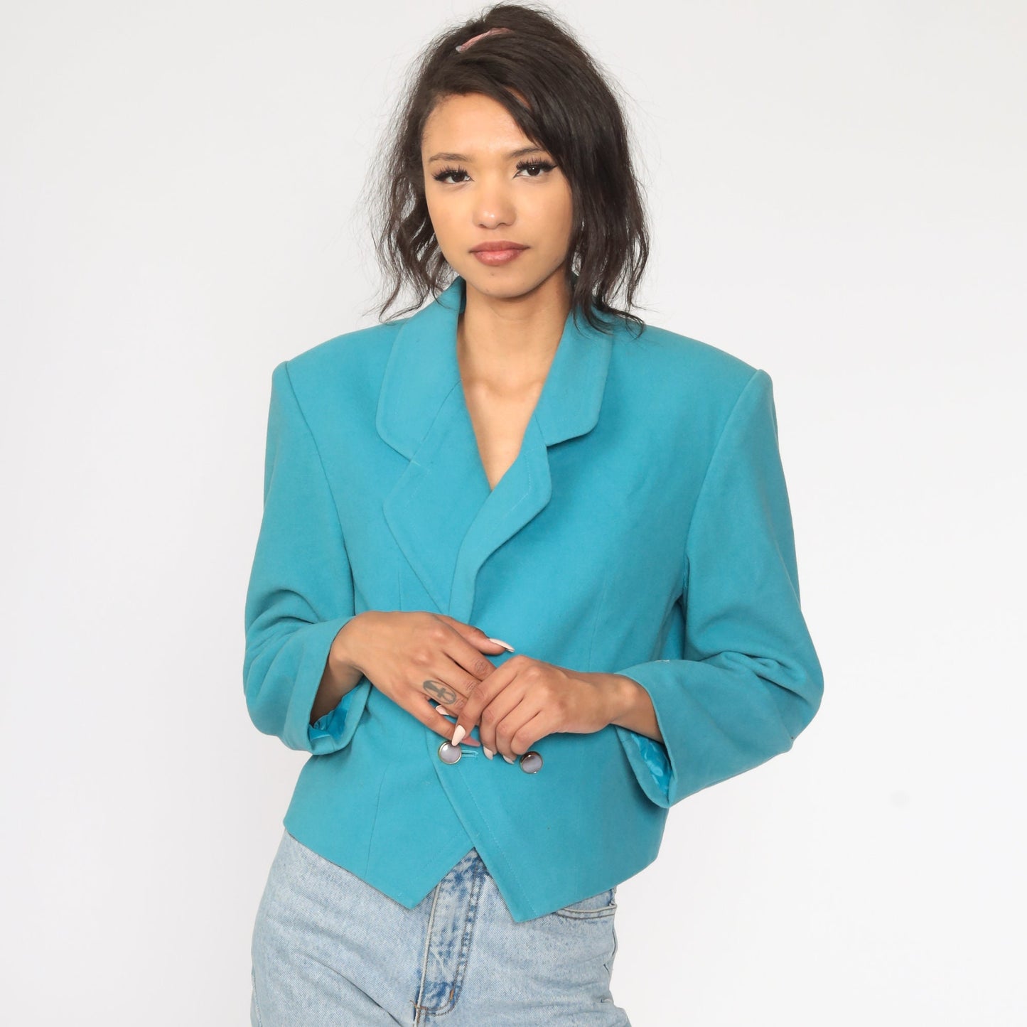 80s Turquoise Wool Blazer Tailored Jacket Collared Medium