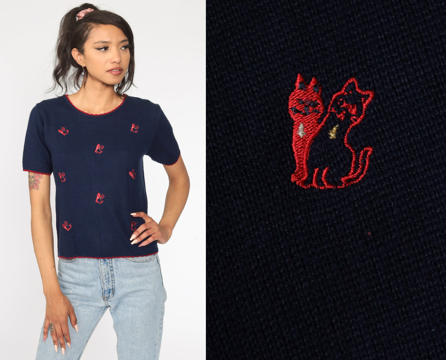 80s Navy Embroidered Cat Knit Top Short Sleeve Medium
