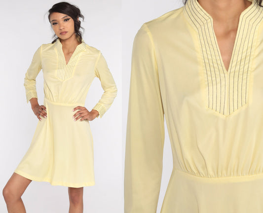 70s Pale Yellow Mini Dress High Waist Long Sleeve Polyester Small Medium