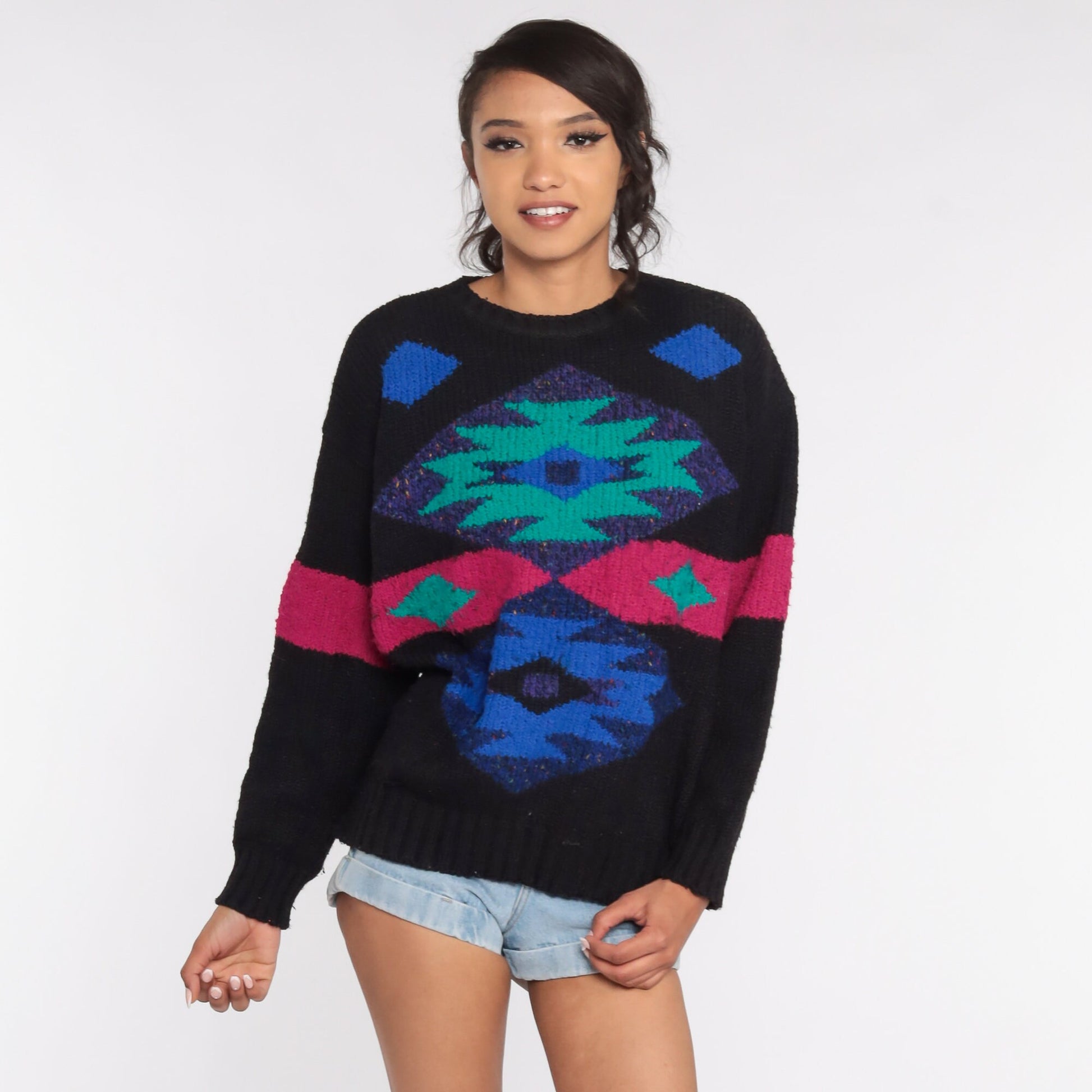 80s Southwestern Tribal Sweater Black Wool Blend Aztec Pullover Large