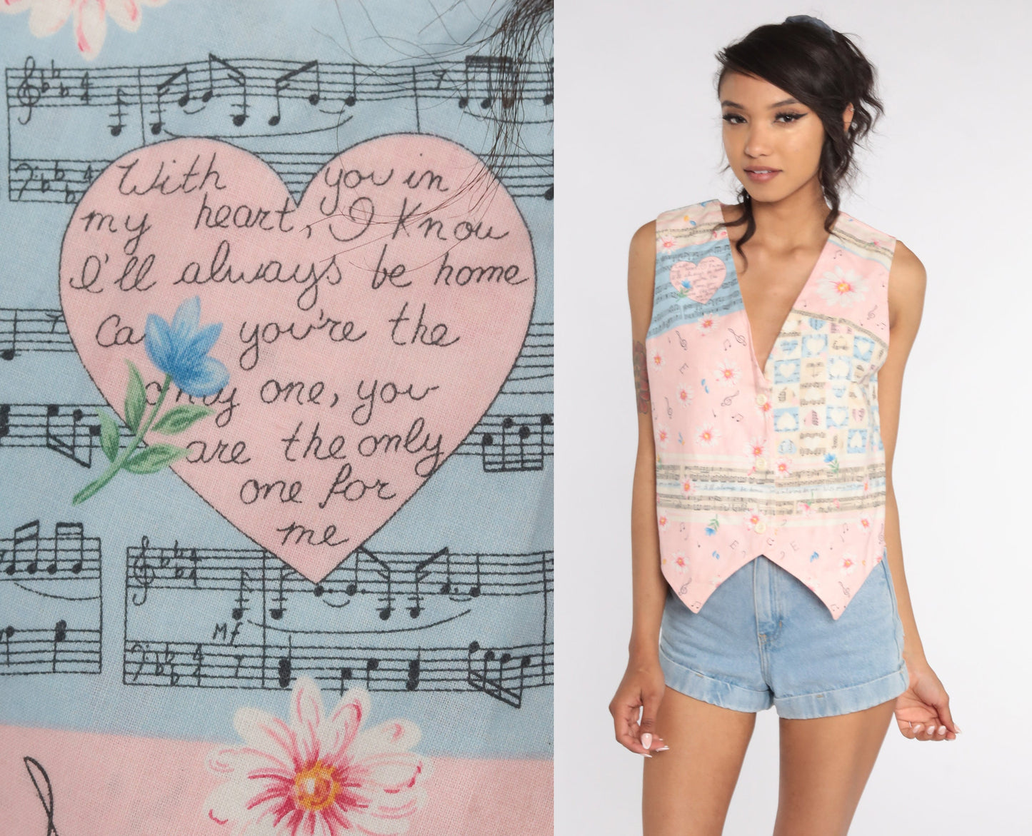 90s Floral Music Note Tank Top Pink Heart Button Up Medium
