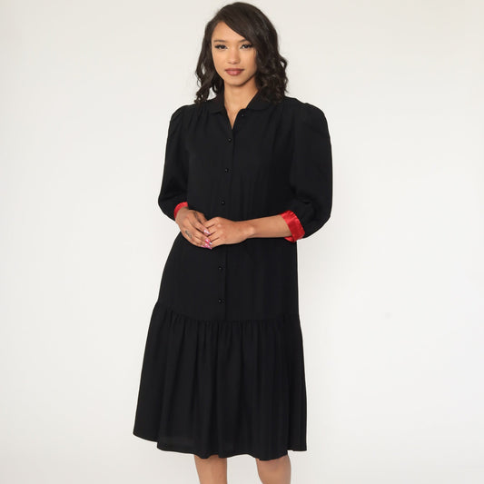 80s Black Mini Dress Drop Waist Puff Sleeve Button-Up Medium