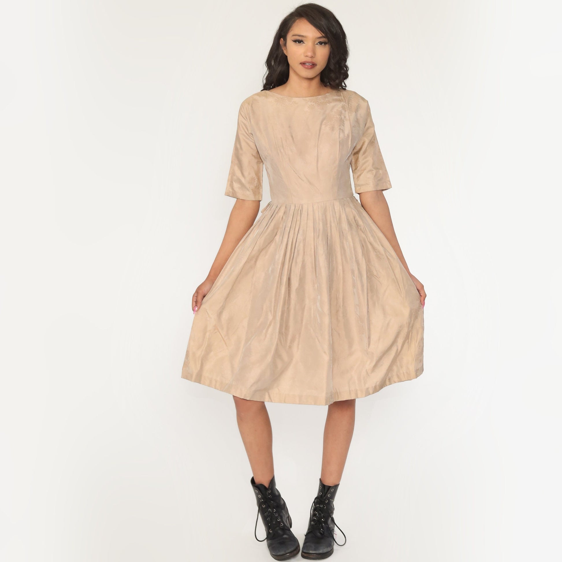 60s Floral Print Dress Pleated Skirt Tea Length Taupe Small