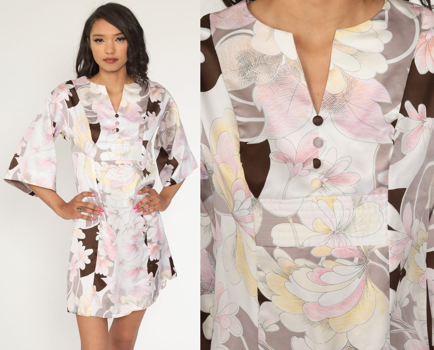 70s Tori Richard Floral Babydoll Dress Bell Sleeve Empire Waist Mini White Brown Small