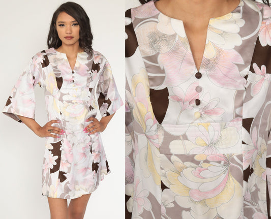 70s Tori Richard Floral Babydoll Dress Bell Sleeve Empire Waist Mini White Brown Small