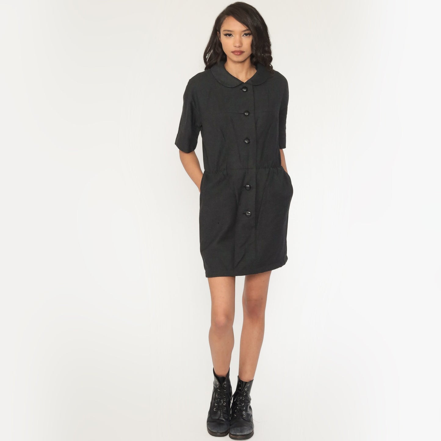 60s Mod Wool Shift Dress Peter Pan Collar Charcoal Mini Medium