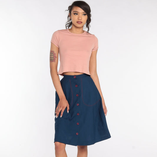 70s Dark Blue Midi Skirt High Waist Pockets XXS