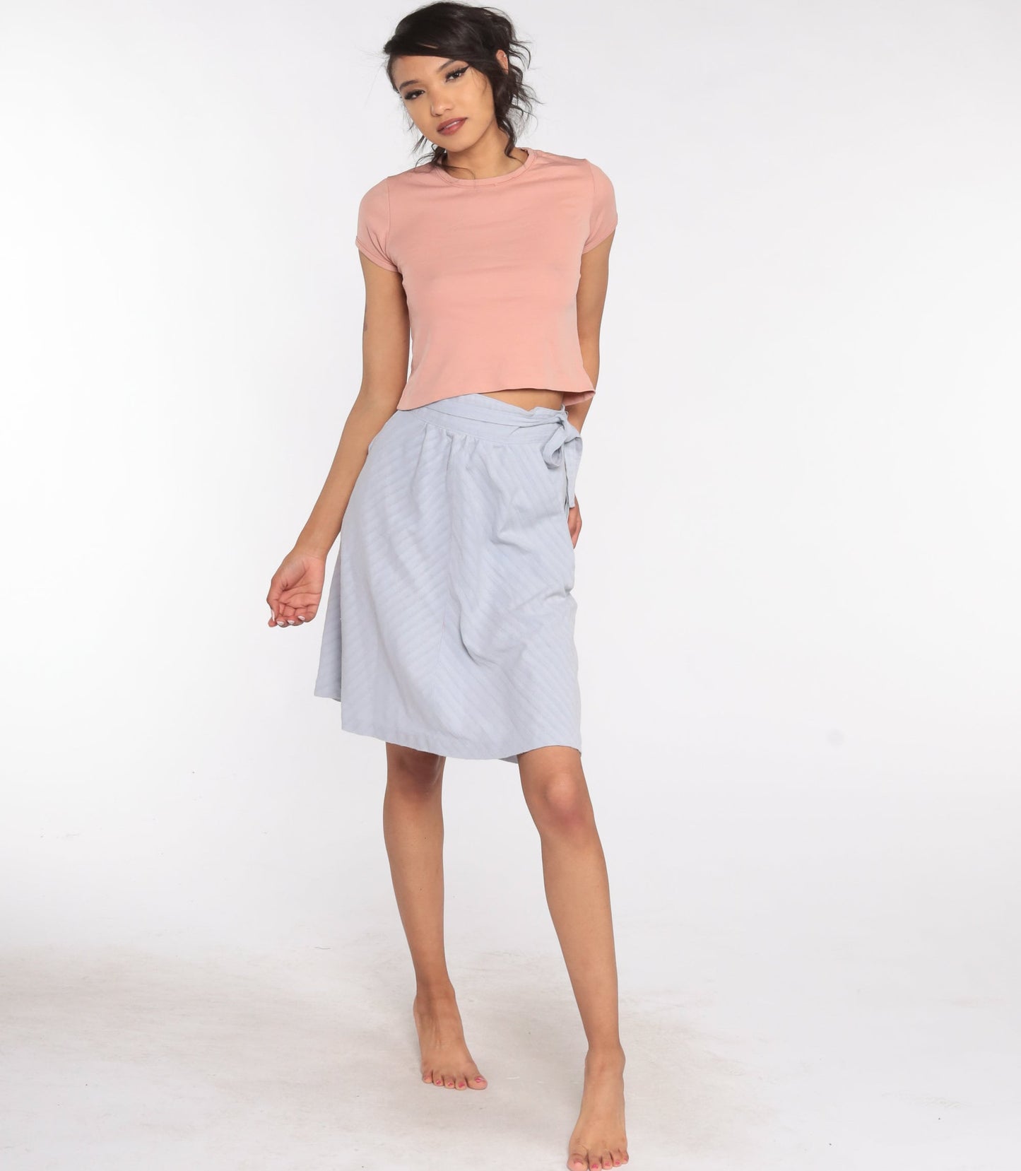 70s Light Blue Chevron Midi Skirt High Waist Cotton Pockets Small