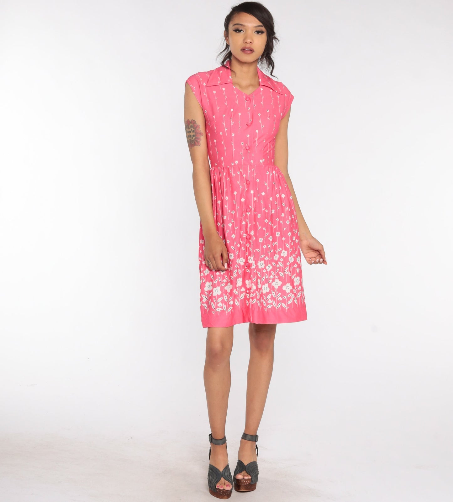 70s Pink Floral Midi Dress High Waist Cap Sleeve Button Front Extra Small