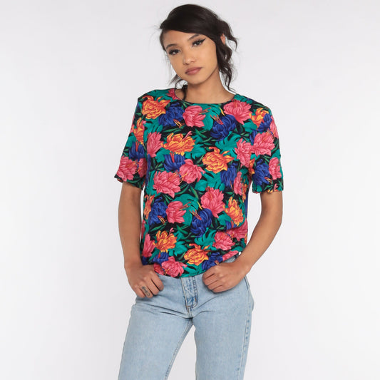 90s Floral Print T-Shirt Vintage Grunge Tee Small Medium