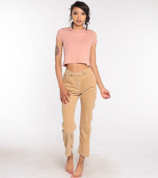 70s Tan Corduroy Straight Leg Pants High Rise Vintage Trousers Extra Small