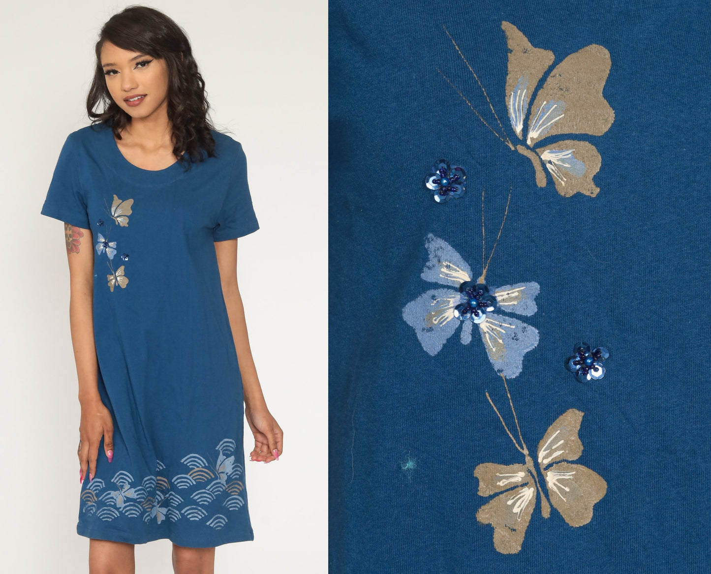 90s Butterfly Print Blue Mini Dress Shift Short Sleeve Small