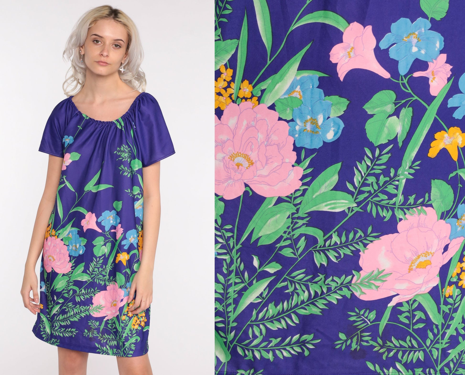 70s Tropical Floral Tent Dress Mini Hawaiian Tunic Medium Large
