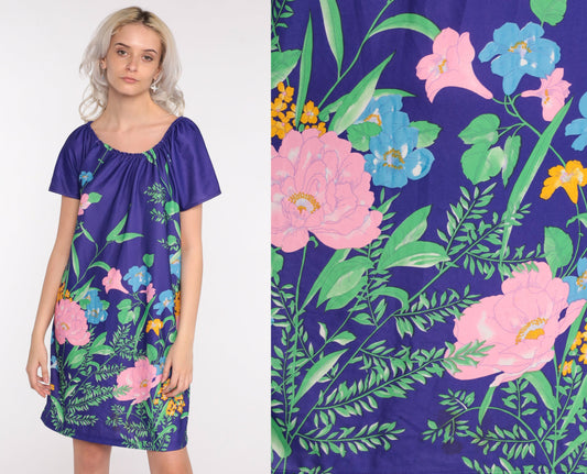 70s Tropical Floral Tent Dress Mini Hawaiian Tunic Medium Large