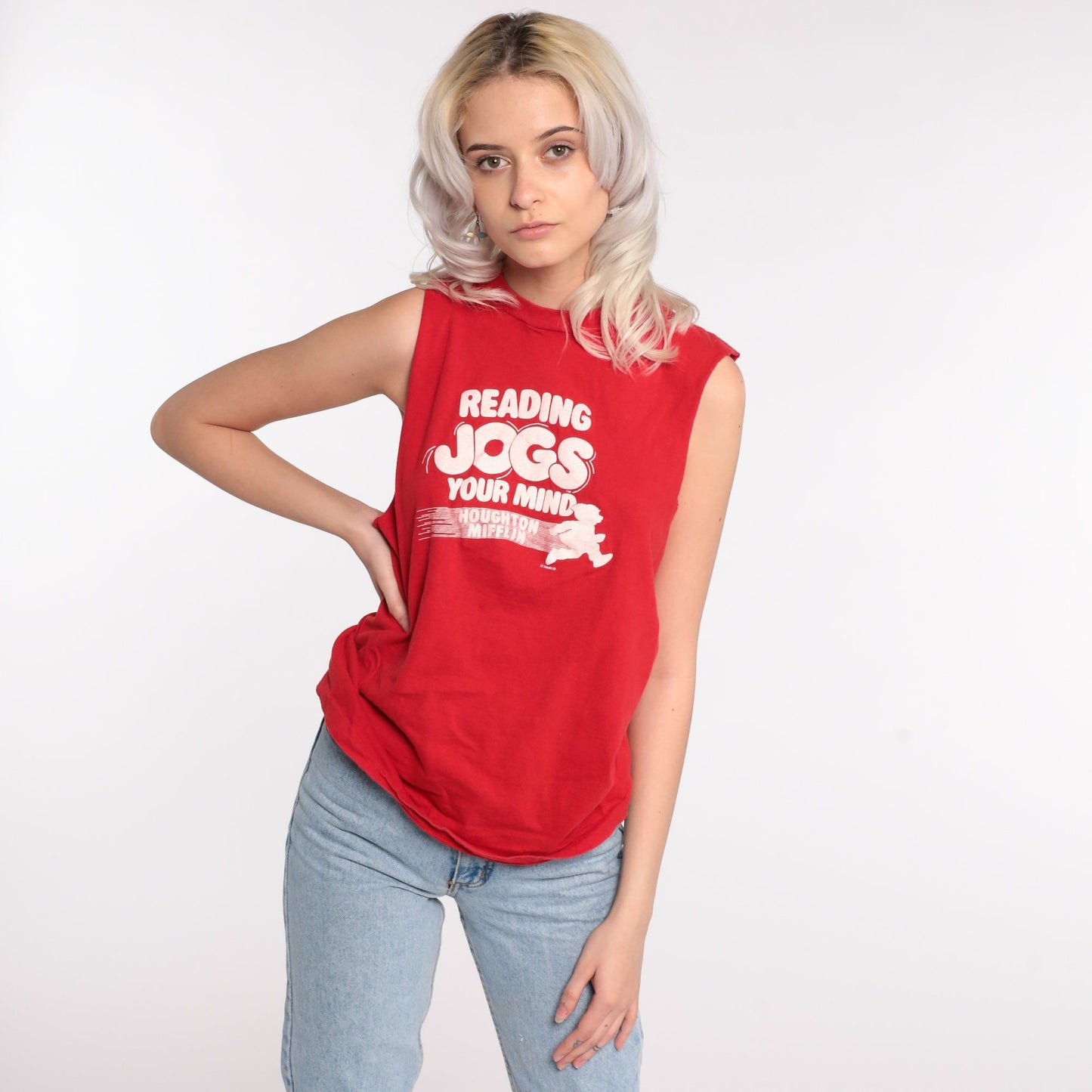 80s Screen Stars Reading Tank Top Graphic Sleeveless Tee Red Medium