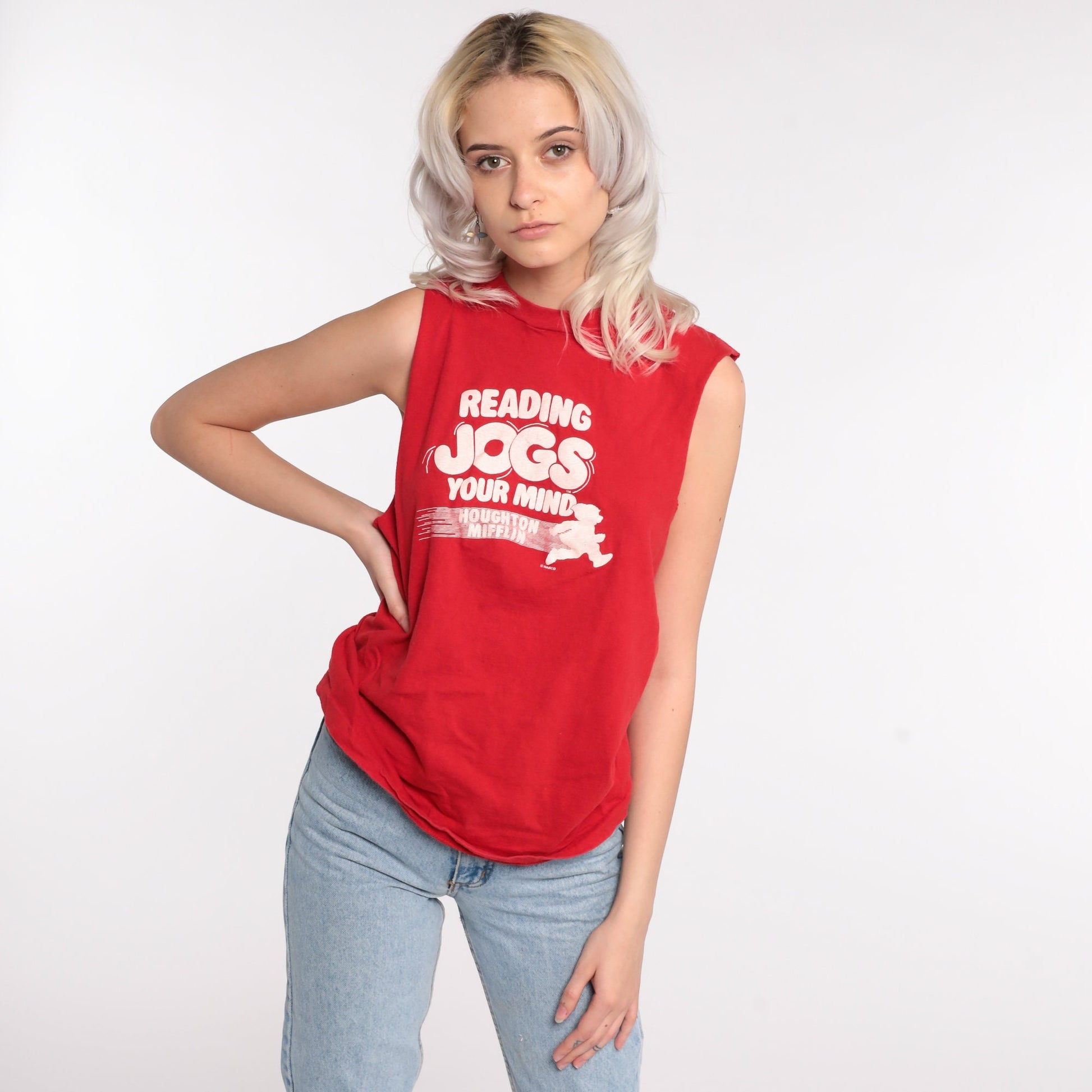 80s Screen Stars Reading Tank Top Graphic Sleeveless Tee Red Medium