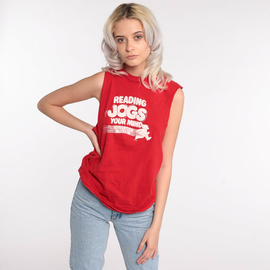 80s Screen Stars Reading Tank Top Graphic Sleeveless Tee Red Medium