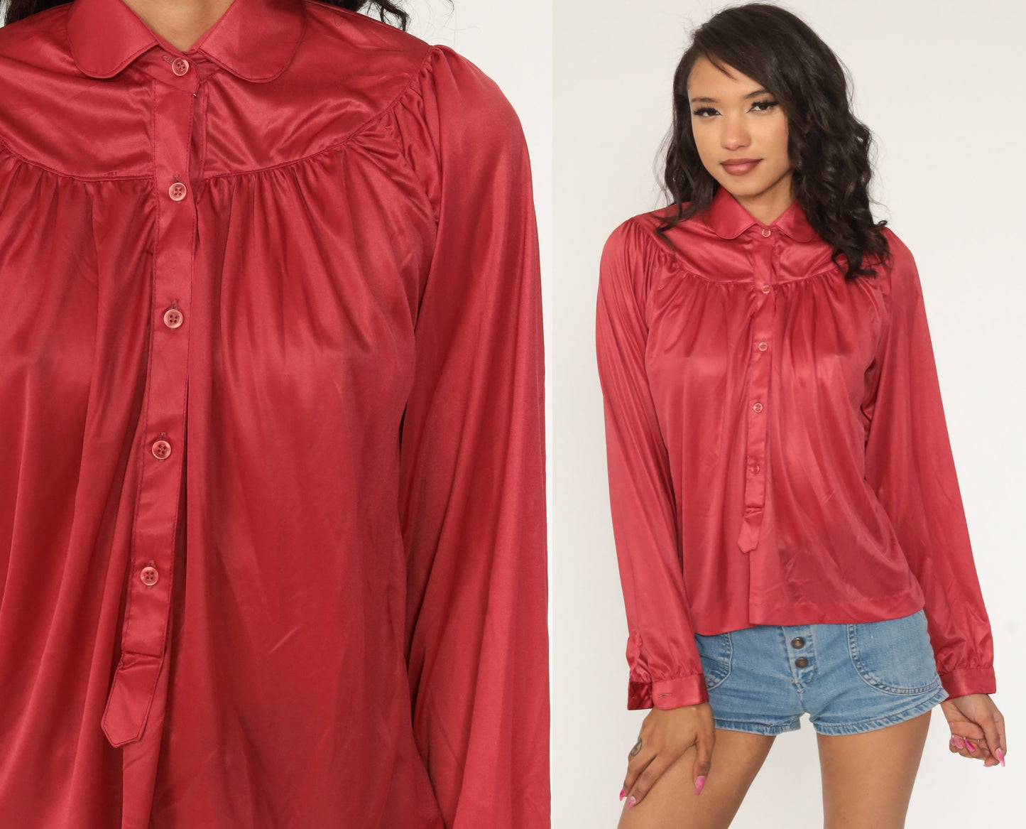 70s Dark Pink Button-Up Blouse Long Sleeve Tunic Loose Fit Medium