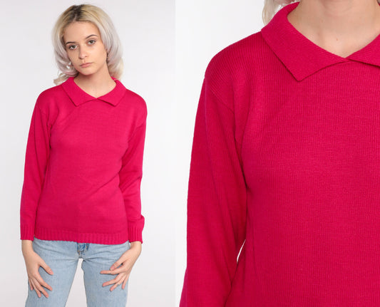 80s Deep Pink Collared Knit Sweater Pullover Extra Small XS