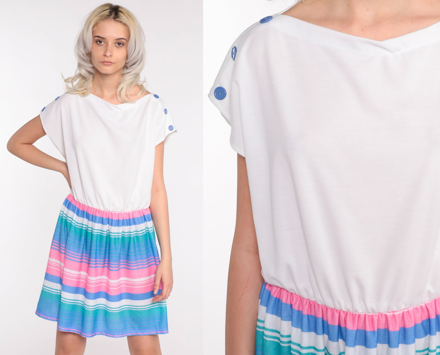 80s White Striped Mini Dress Cap Sleeve High Waist Pink Blue Large
