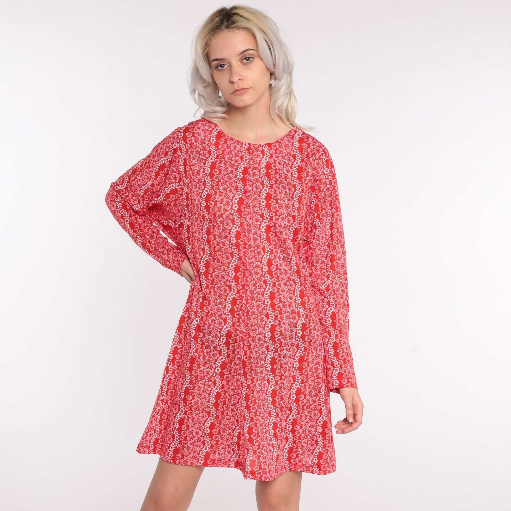70s Floral Print Shift Dress Long Sleeve Mini Red Cotton Small Medium