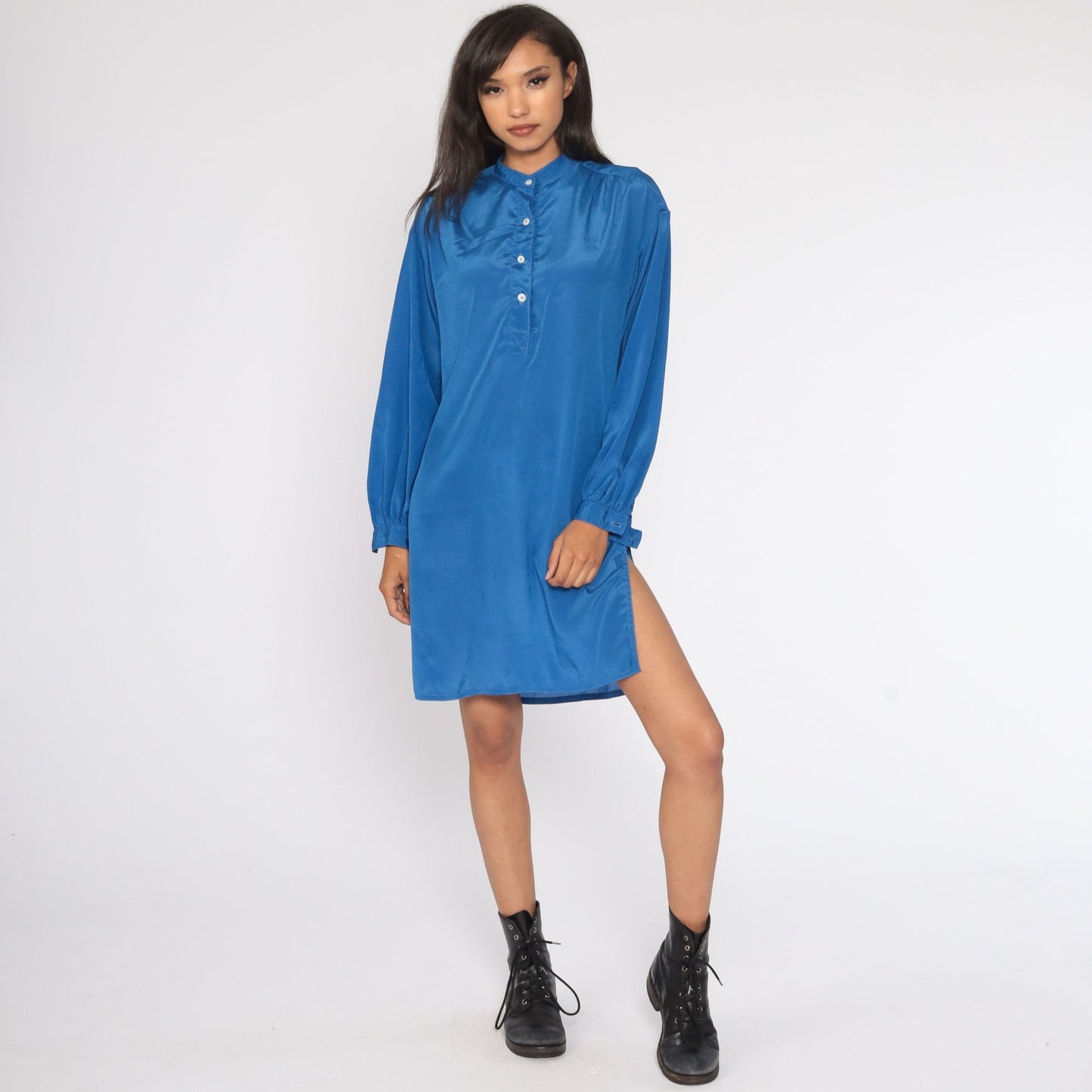 80s Blue Button-Up Shift Dress Long Sleeve Mini Shirtdress Medium Large
