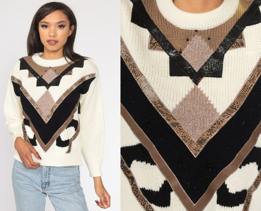 80s Geometric Knit Sweater Cream Pullover Slouchy Medium