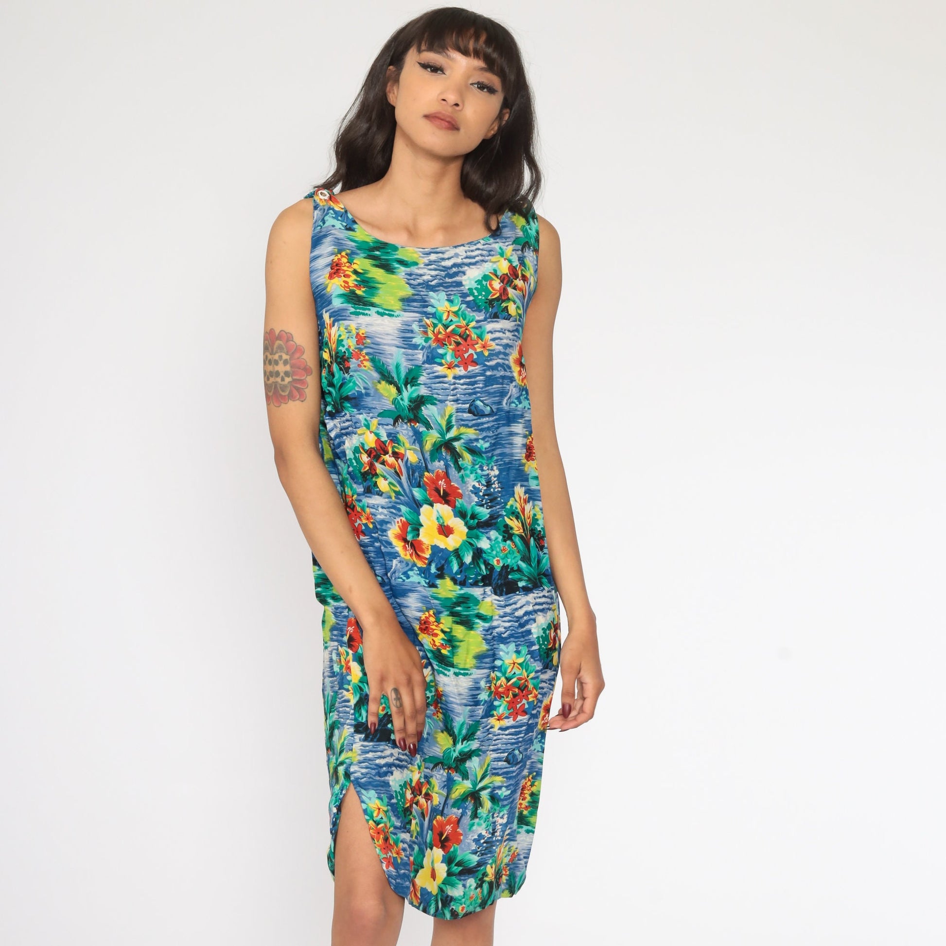 90s Blue Hawaiian Floral Mini Dress Sleeveless Small – Shopexile