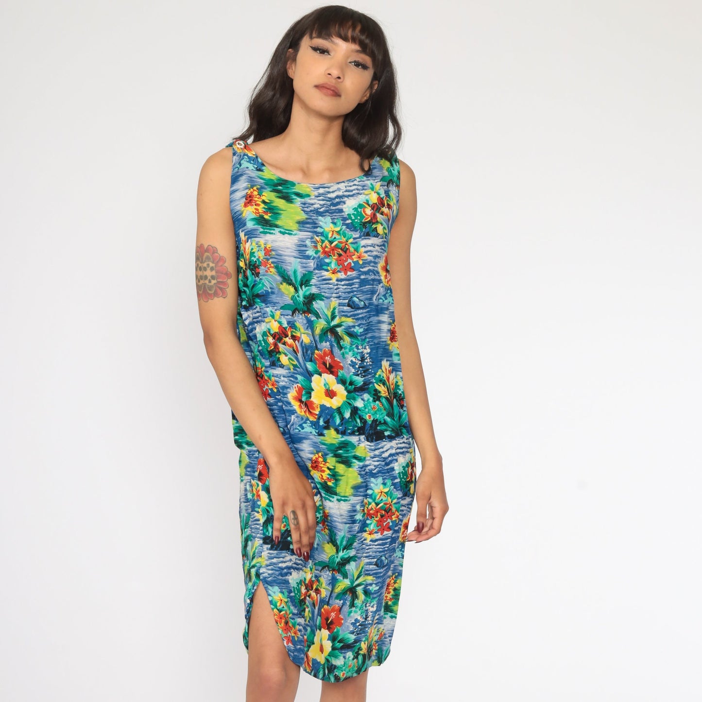 90s Blue Hawaiian Floral Mini Dress Sleeveless Shift Tank Small