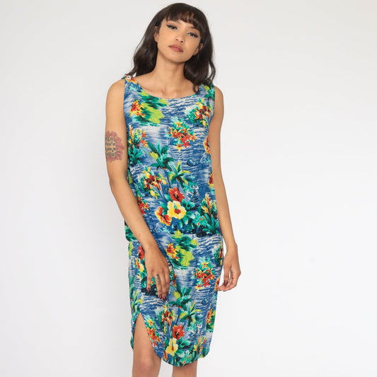 90s Blue Hawaiian Floral Mini Dress Sleeveless Shift Tank Small