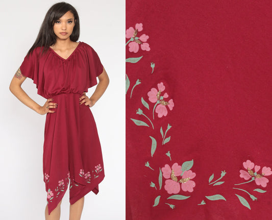 70s Grecian Midi Dress Burgundy Floral High-Low Scarf Hem Small Medium