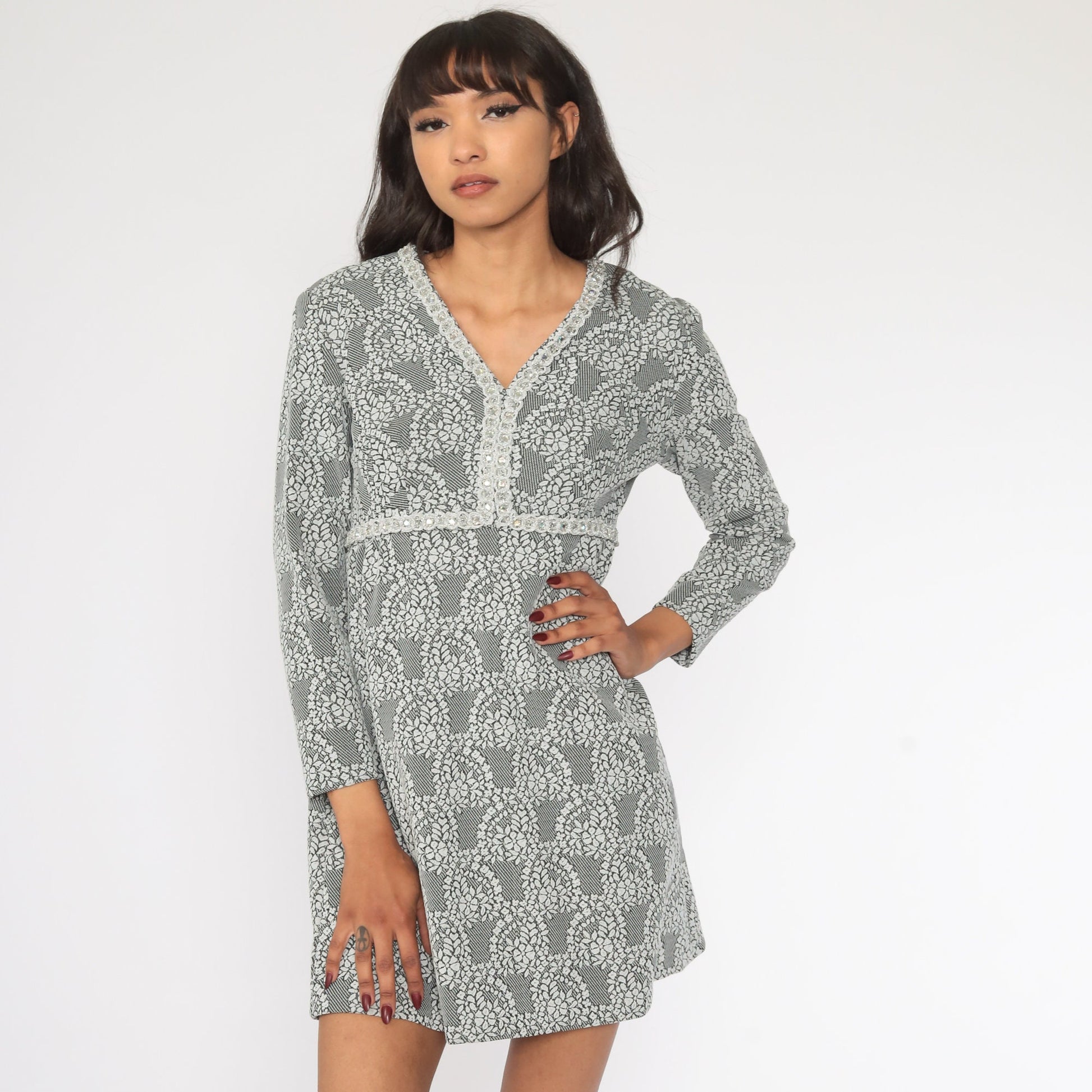 70s Floral Rhinestone Empire Waist Mini Dress Black Long Sleeve Small