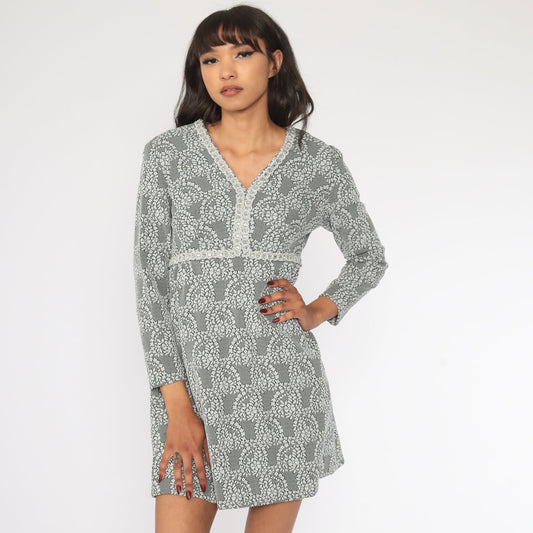 70s Floral Rhinestone Empire Waist Mini Dress Black Long Sleeve Small