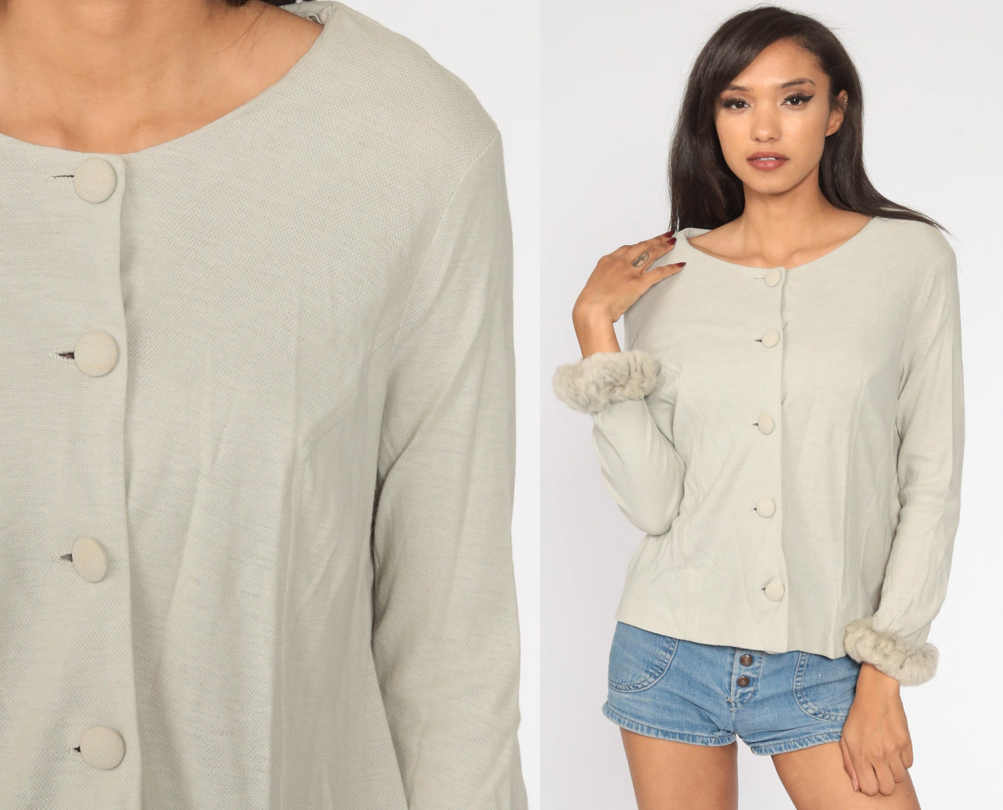 80s Grey Button-Up Blouse with Faux Fur Trim Long Sleeve Large L