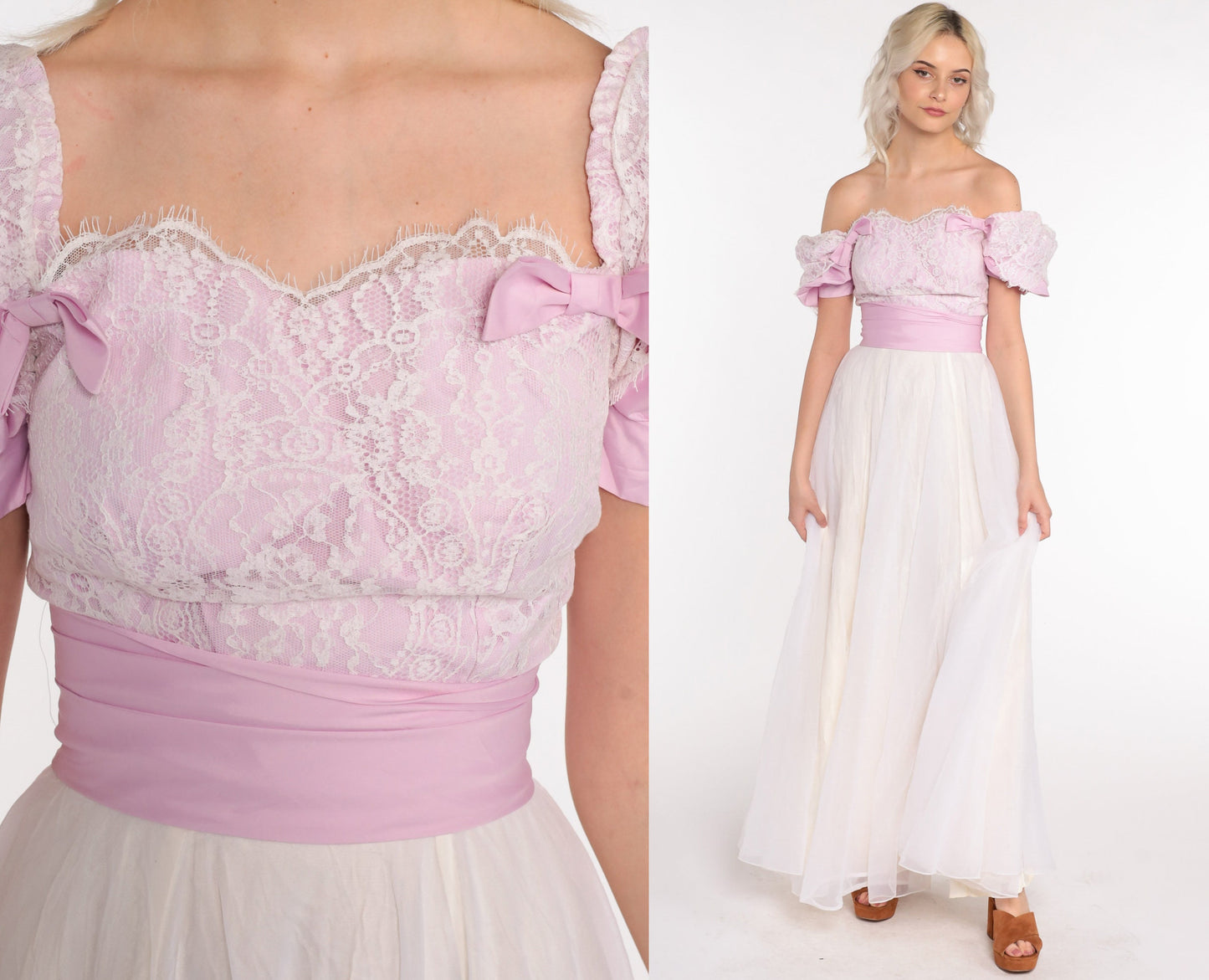 70s Puff Sleeve Maxi Dress Chiffon Lace White Lavender Off-Shoulder Extra Small