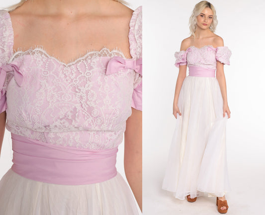 70s Puff Sleeve Maxi Dress Chiffon Lace White Lavender Off-Shoulder Extra Small