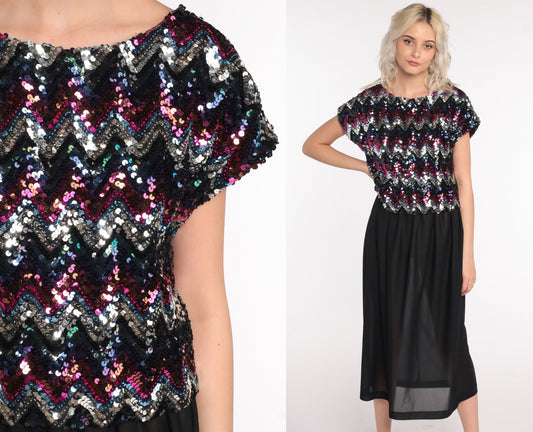 80s Black Sequin Midi Dress Short Sleeve High Waist Party Disco Small Medium