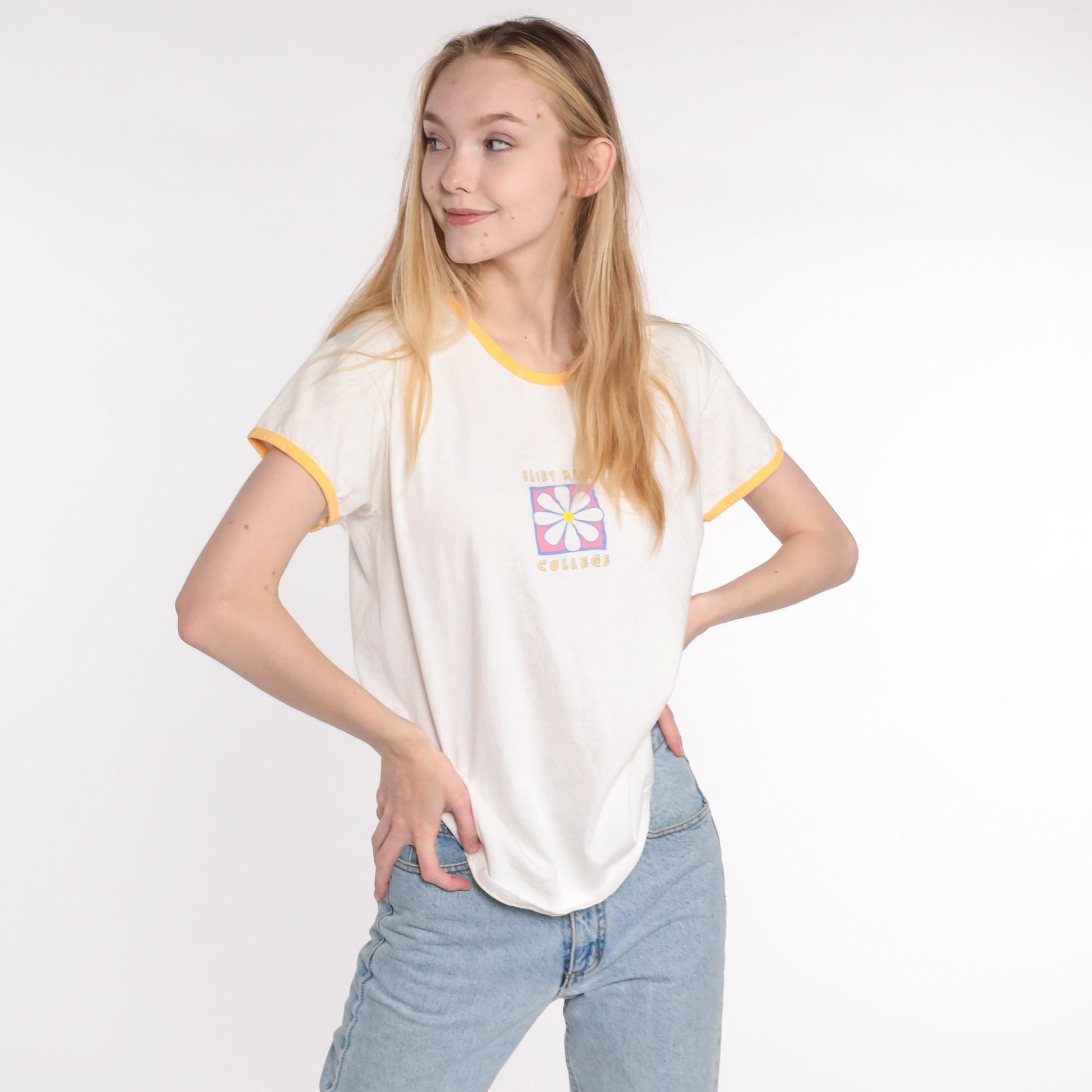 90s Saint Mary College T-Shirt Ringer Tee Cotton Medium Large