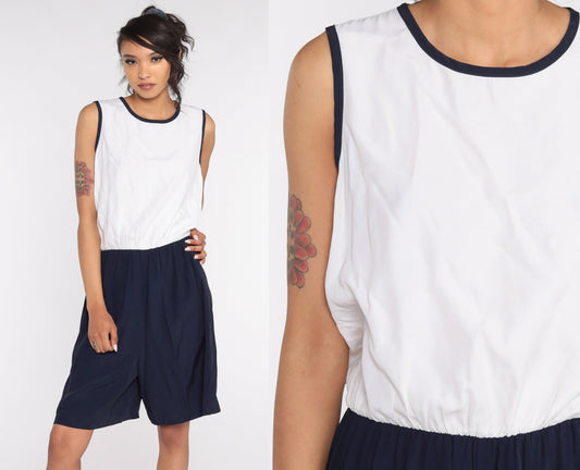 80s Navy White Sleeveless Romper Playsuit Shorts Jumpsuit Medium