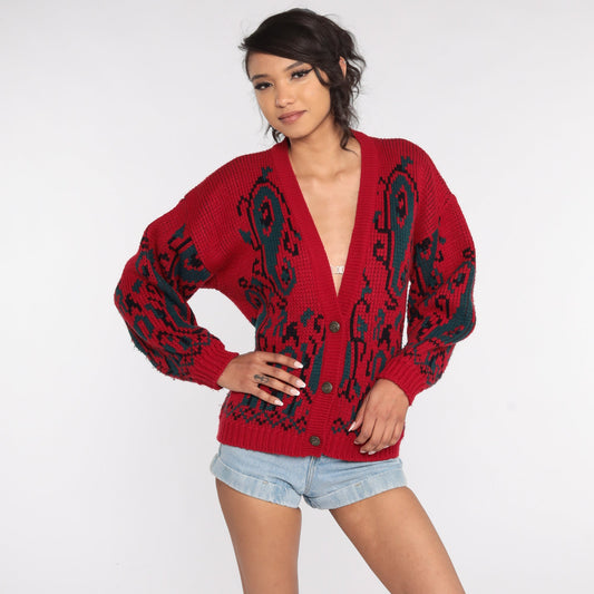 90s Paisley Cardigan Sweater Red Geometric Knit Button Up Medium