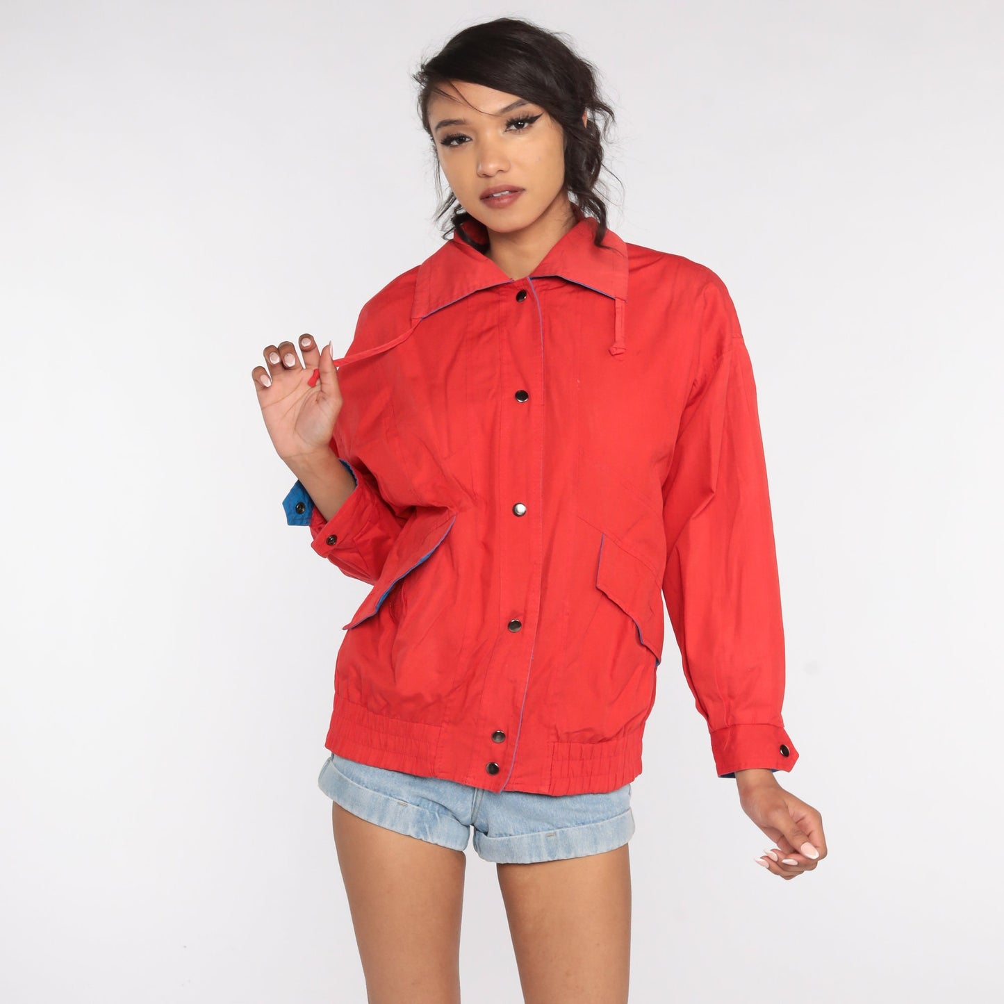 80s Red Windbreaker Jacket Zip Up Cotton Drawstring Small