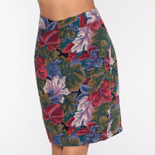 90s Leaf Print Mini Pencil Skirt High Waisted Small S